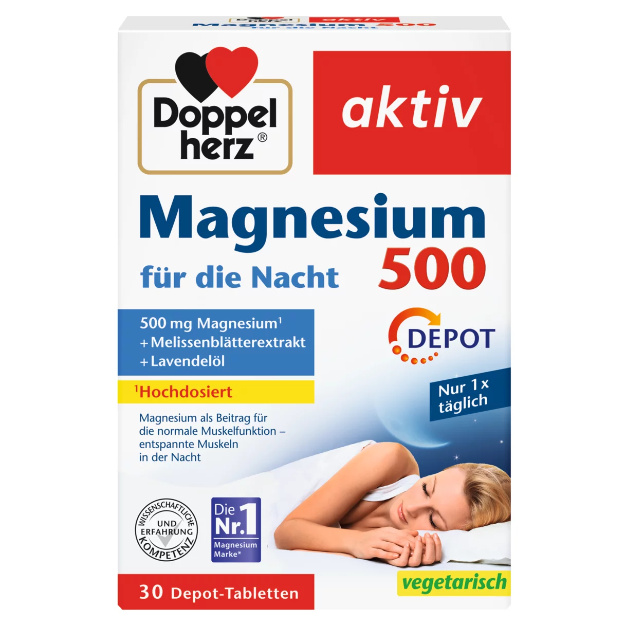 Abbildung der Produktverpackung Doppelherz aktiv Magnesium 500 für die Nacht Frontansicht